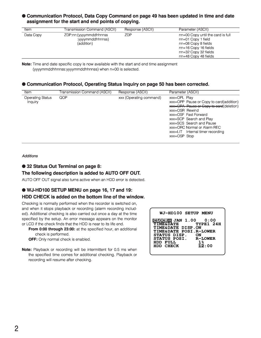 Panasonic operating instructions Status Out Terminal on page, WJ-HD100SETUP MENU on page 16, 17 and, Clock→ 