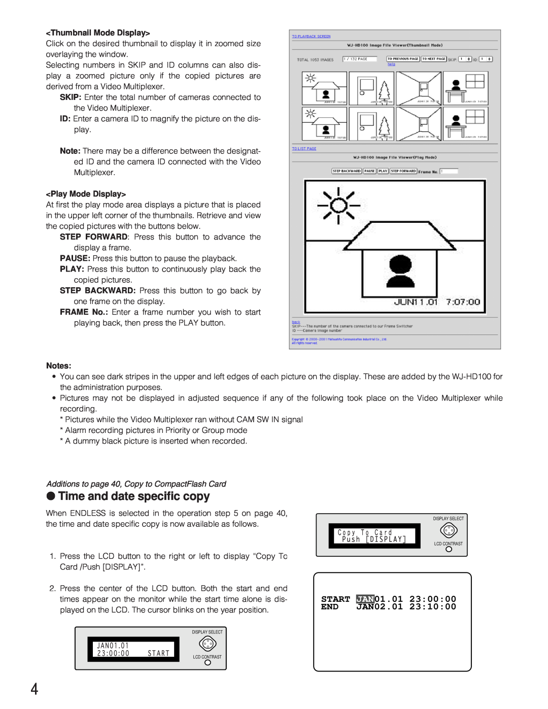 Panasonic WJ-HD100 operating instructions Time and date specific copy, Thumbnail Mode Display, Play Mode Display 