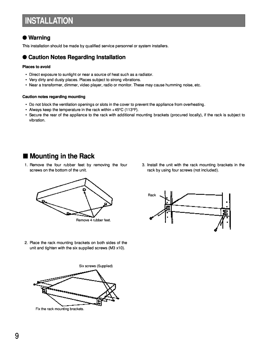 Panasonic WJ-HD100 operating instructions Mounting in the Rack, Caution Notes Regarding Installation, Places to avoid 