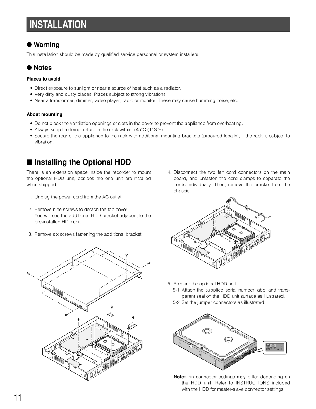 Panasonic WJ-HD200 manual Installation, Installing the Optional HDD, Places to avoid, About mounting 