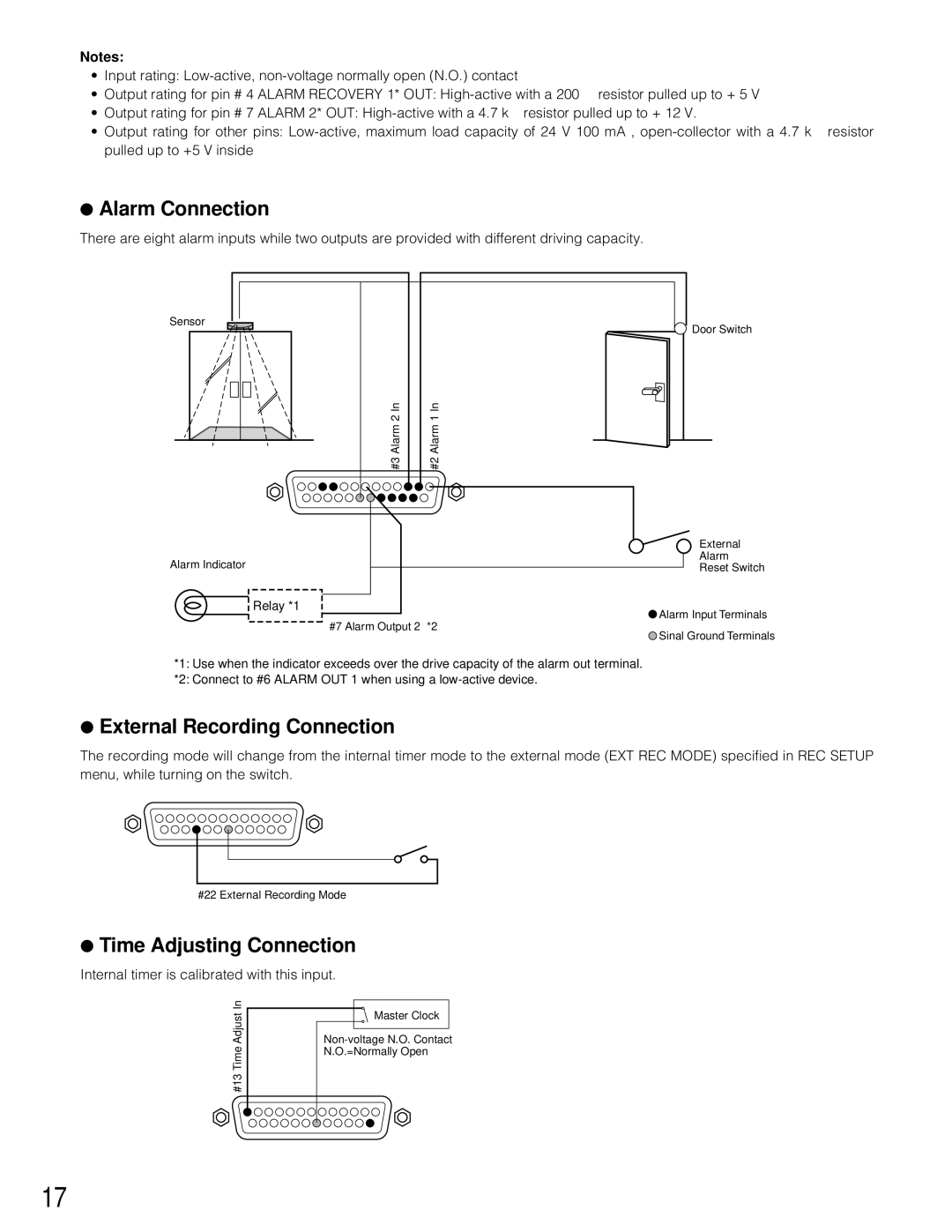 Panasonic WJ-HD200 manual Alarm Connection, External Recording Connection, Time Adjusting Connection 