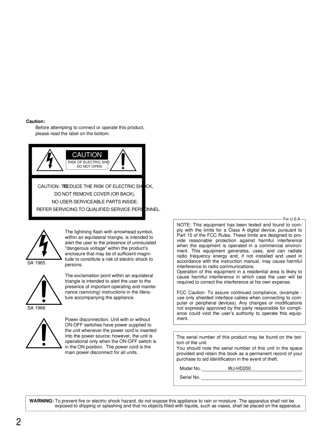 Panasonic WJ-HD200 manual Lightning flash with arrowhead symbol 