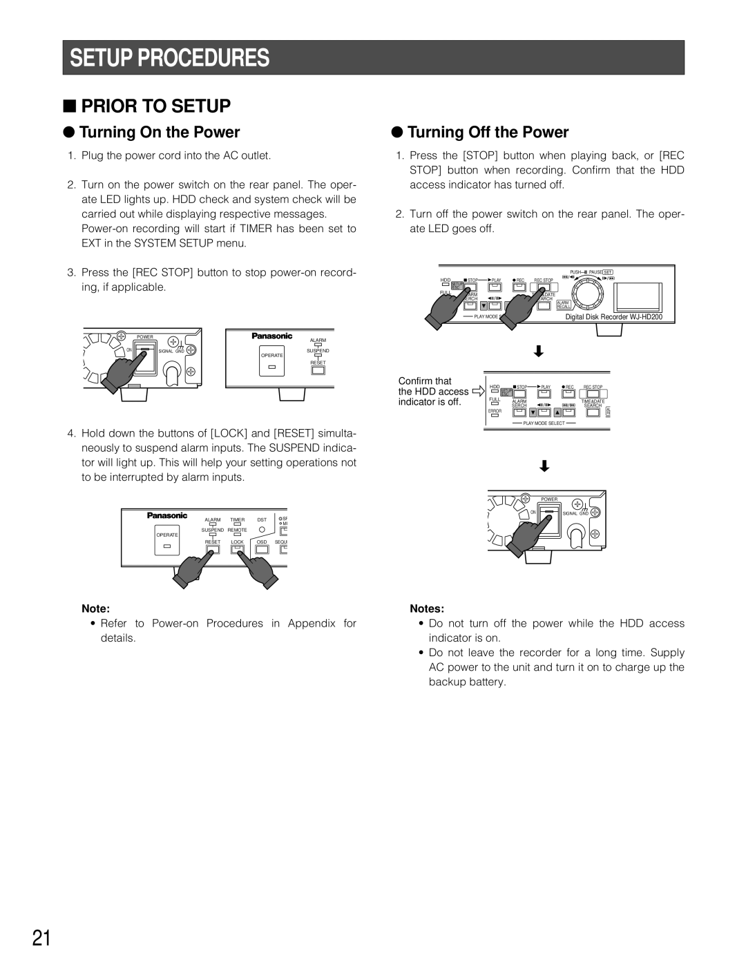 Panasonic WJ-HD200 manual Setup Procedures, Prior to Setup, Turning On the Power, Turning Off the Power 