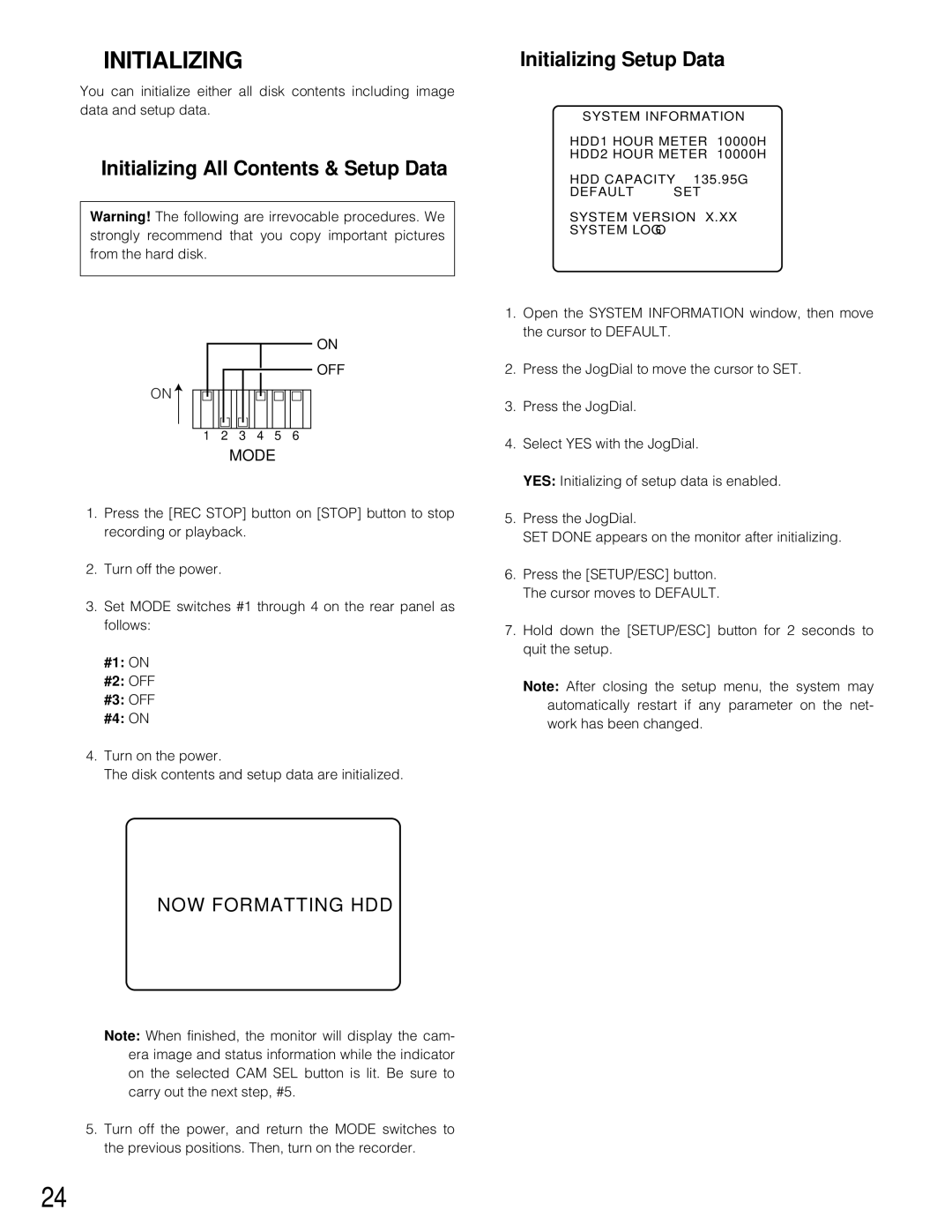 Panasonic WJ-HD200 manual Initializing All Contents & Setup Data, Initializing Setup Data 