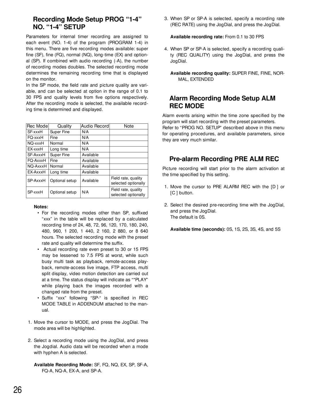 Panasonic WJ-HD200 manual Recording Mode Setup Prog 1-4 no -4 Setup, Alarm Recording Mode Setup ALM REC Mode 