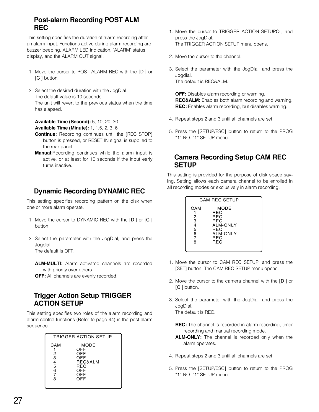 Panasonic WJ-HD200 Post-alarm Recording Post ALM REC, Dynamic Recording Dynamic REC, Camera Recording Setup CAM REC Setup 