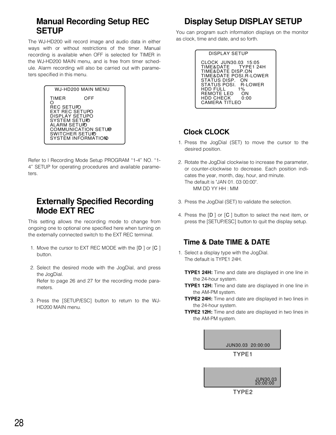 Panasonic WJ-HD200 manual Manual Recording Setup REC Setup, Externally Specified Recording Mode EXT REC, Clock Clock 