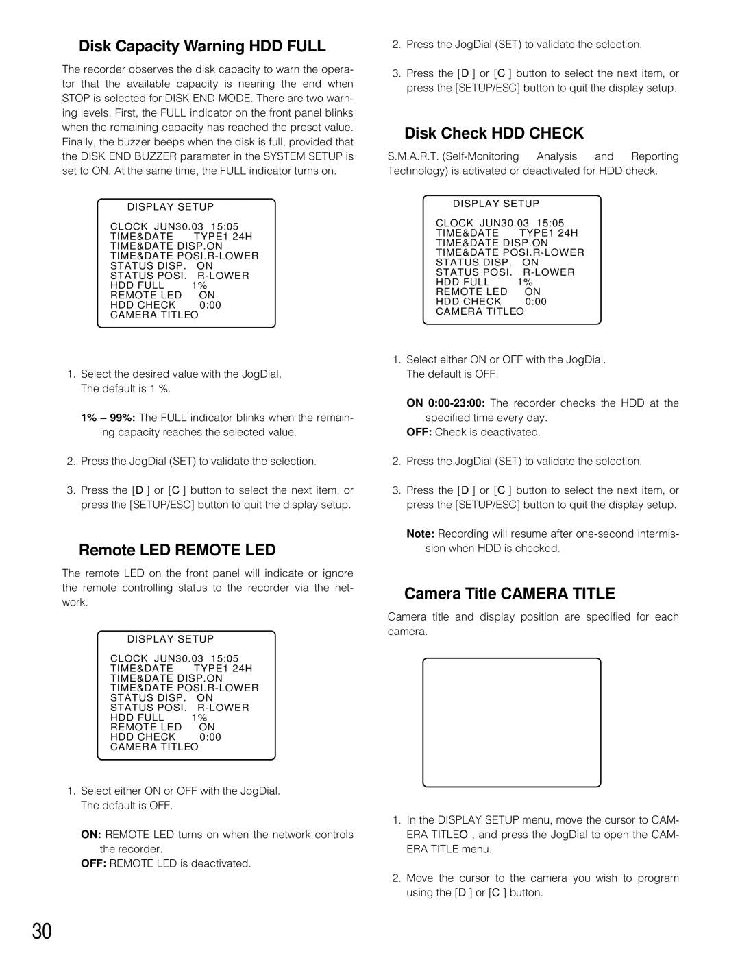 Panasonic WJ-HD200 manual Disk Capacity Warning HDD Full, Disk Check HDD Check, Remote LED Remote LED 