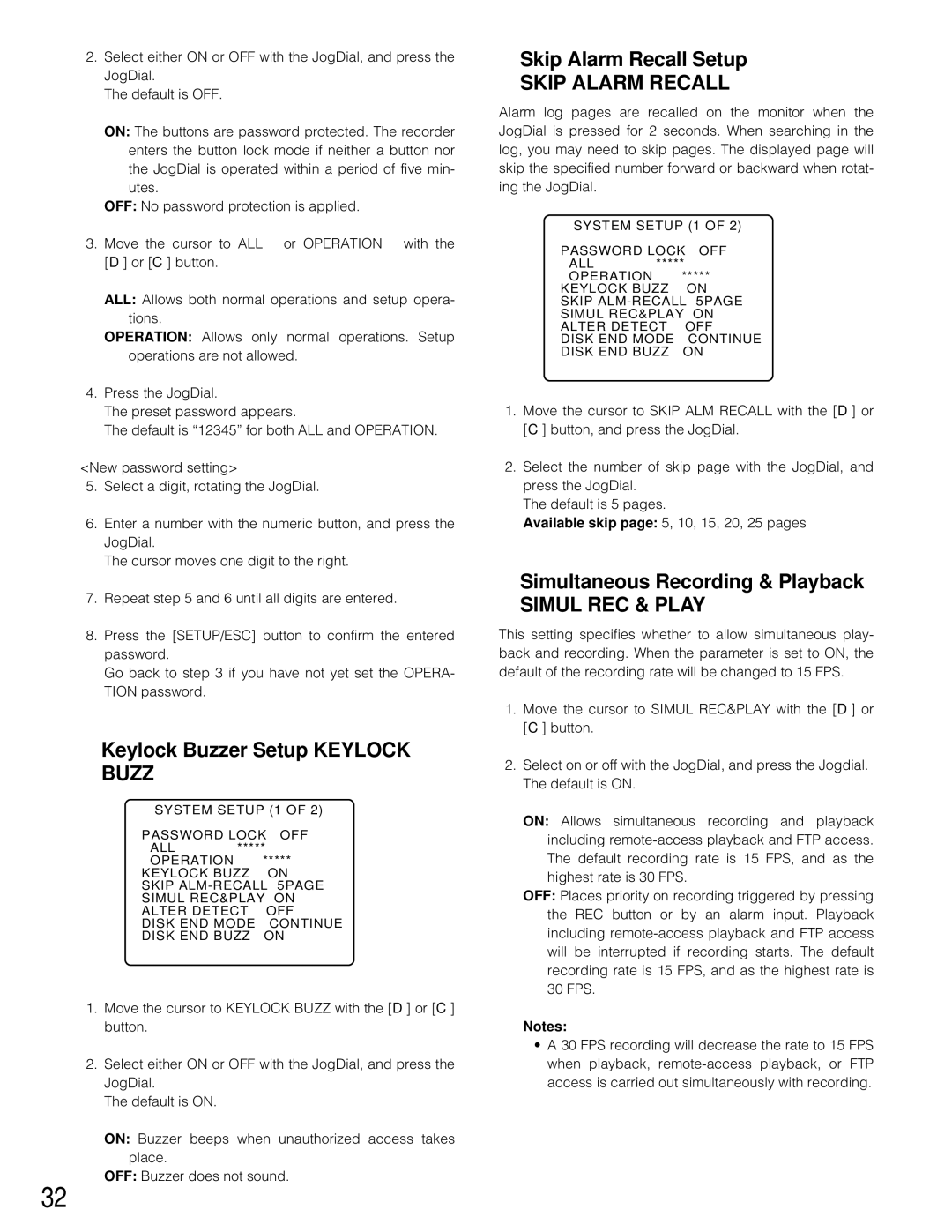 Panasonic WJ-HD200 manual Keylock Buzzer Setup Keylock Buzz, Skip Alarm Recall Setup, Simultaneous Recording & Playback 