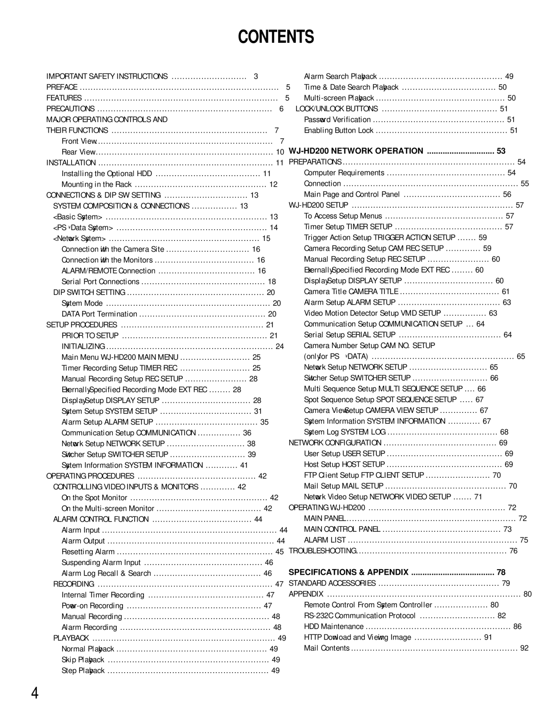 Panasonic WJ-HD200 manual Contents 