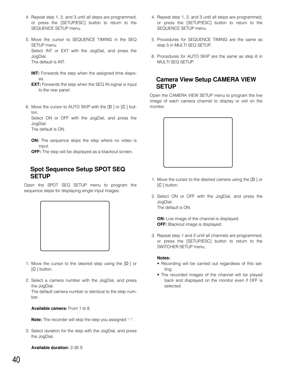 Panasonic WJ-HD200 manual Spot Sequence Setup Spot SEQ, Camera View Setup Camera View, Available camera From 1 to 