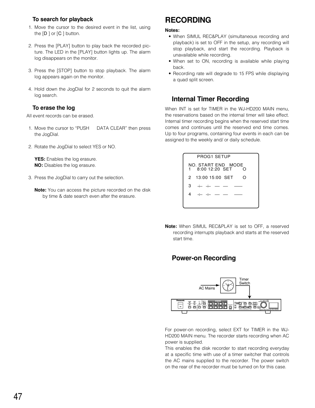 Panasonic WJ-HD200 manual Internal Timer Recording, Power-on Recording, To search for playback, To erase the log 