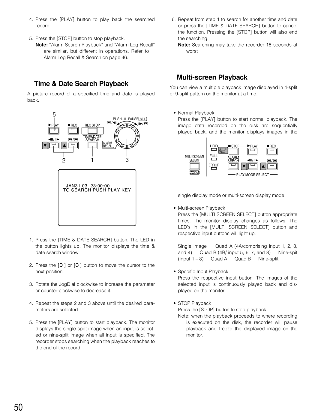 Panasonic WJ-HD200 manual Time & Date Search Playback, Multi-screen Playback 