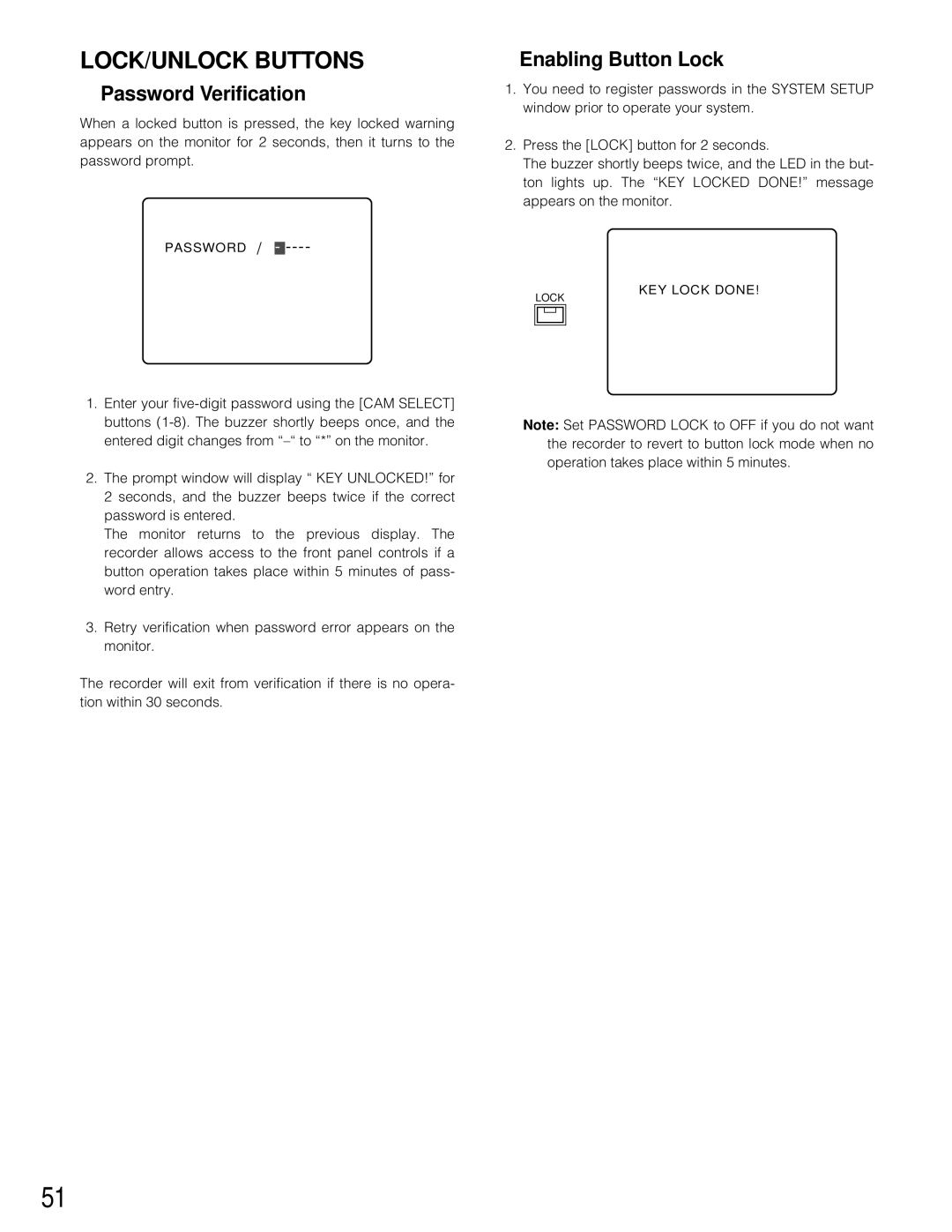 Panasonic WJ-HD200 manual LOCK/UNLOCK Buttons, Password Verification, Enabling Button Lock 