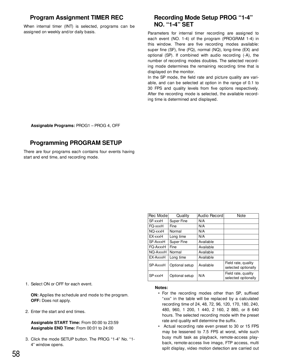 Panasonic WJ-HD200 manual Program Assignment Timer REC, Programming Program Setup, Recording Mode Setup Prog 1-4 no -4 SET 