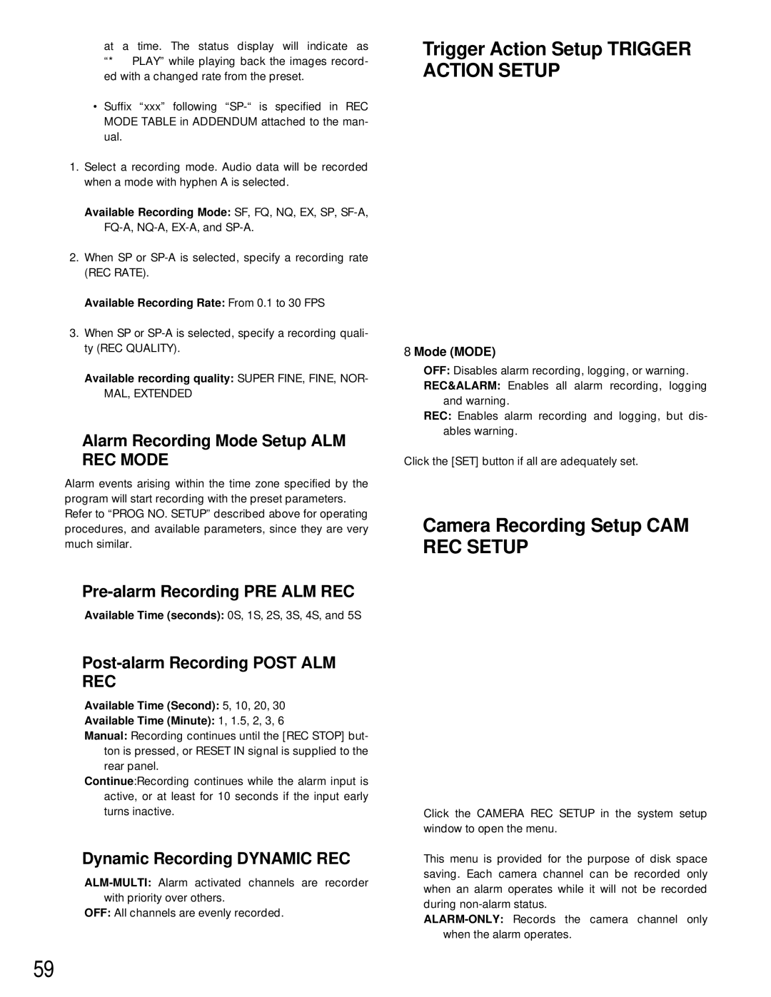 Panasonic WJ-HD200 manual Trigger Action Setup Trigger Action Setup, Camera Recording Setup CAM REC Setup, Mode Mode 