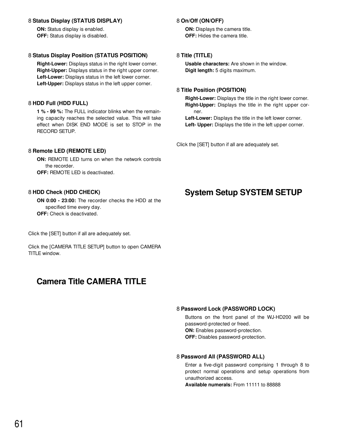 Panasonic WJ-HD200 manual Camera Title Camera Title System Setup System Setup 