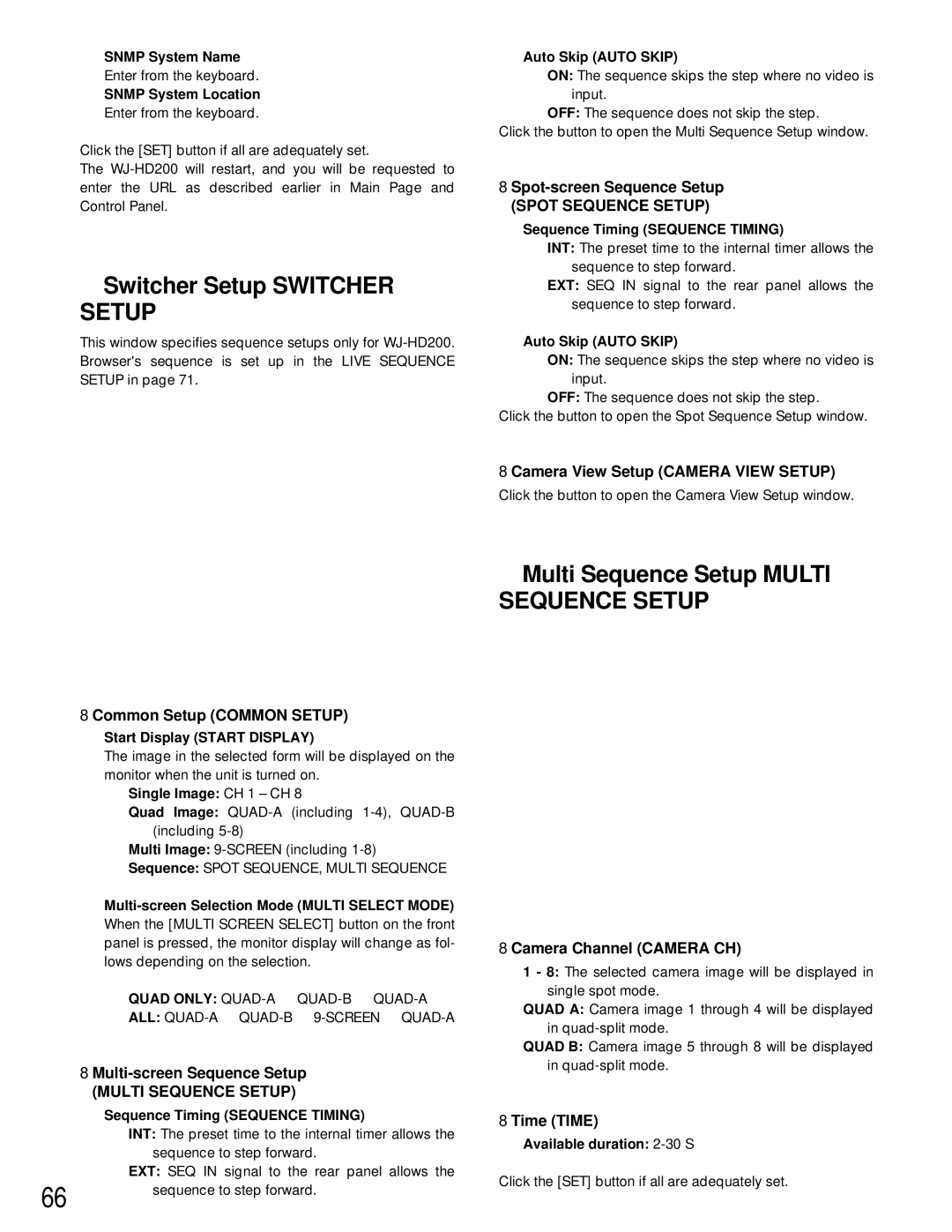 Panasonic WJ-HD200 manual Multi Sequence Setup Multi Sequence Setup 