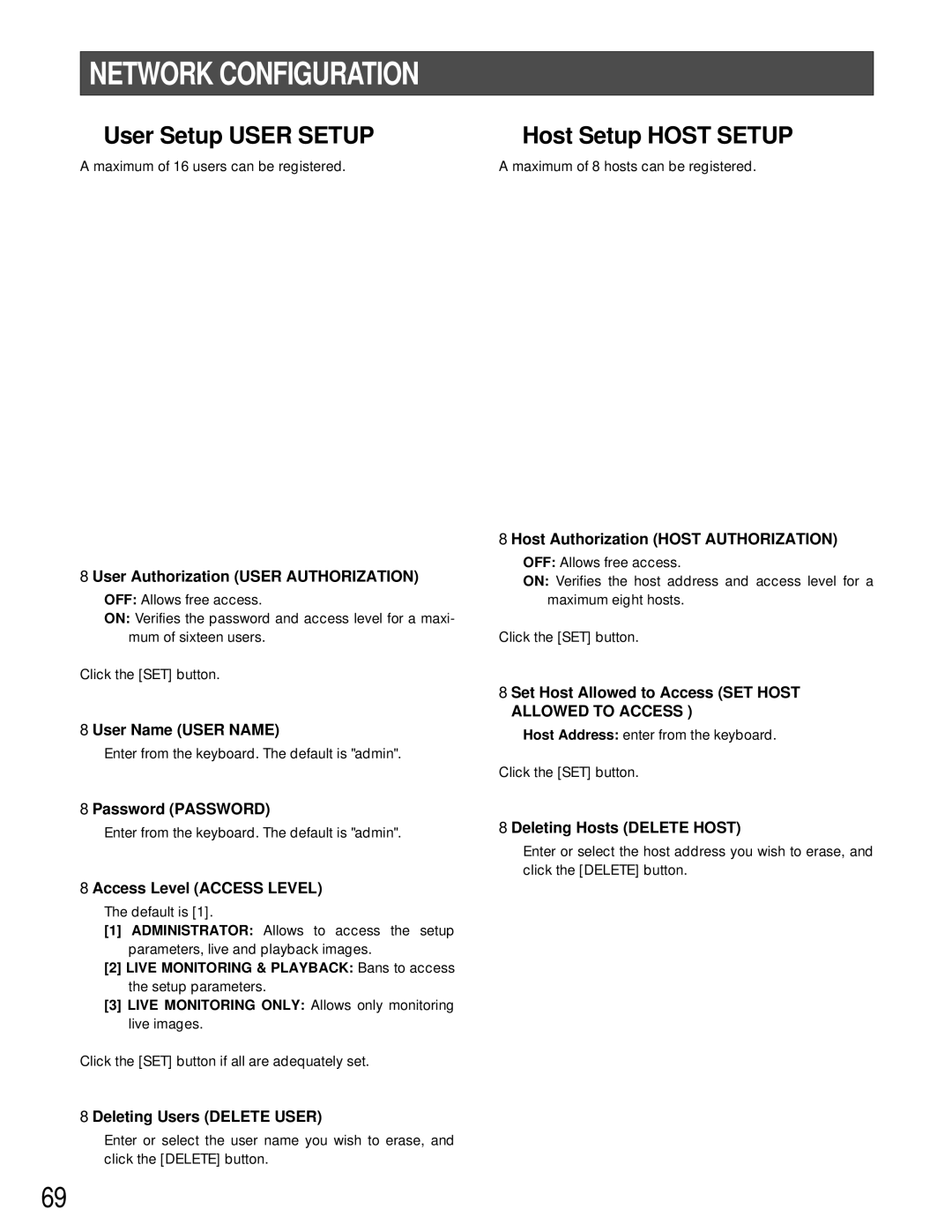 Panasonic WJ-HD200 manual Network Configuration, User Setup User Setup, Host Setup Host Setup 