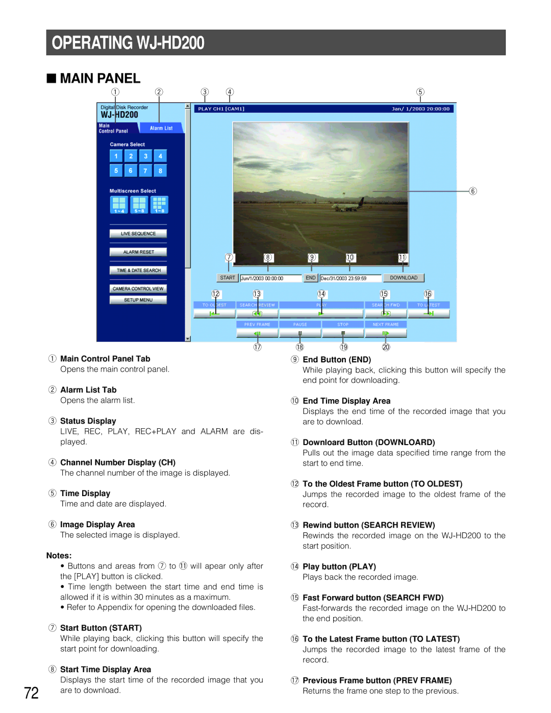 Panasonic manual Operating WJ-HD200, Main Panel 