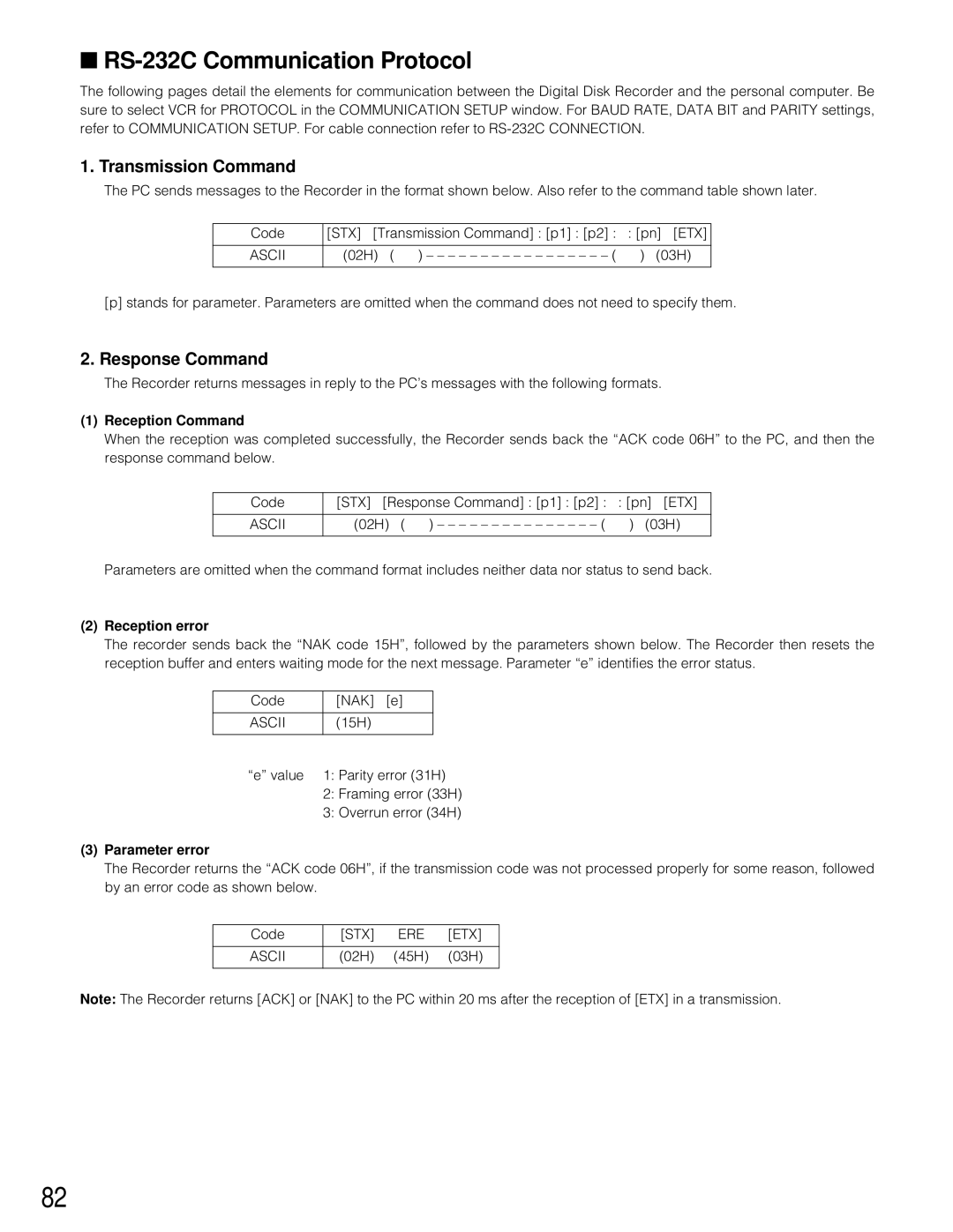 Panasonic WJ-HD200 manual RS-232C Communication Protocol, Transmission Command, Response Command 