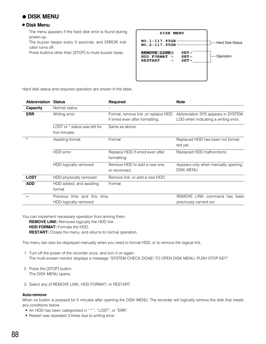 Panasonic WJ-HD200 manual Disk Menu, Abbreviation Status Required Capacity, Auto-remove 