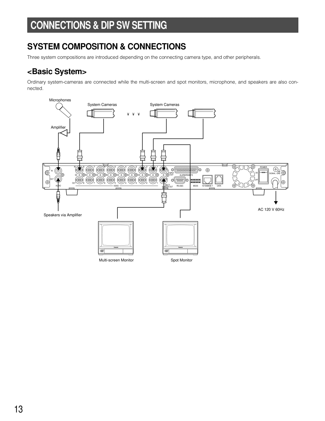Panasonic WJ-HD200 manual Connections & Dip Sw Setting, System Composition & Connections, Basic System 
