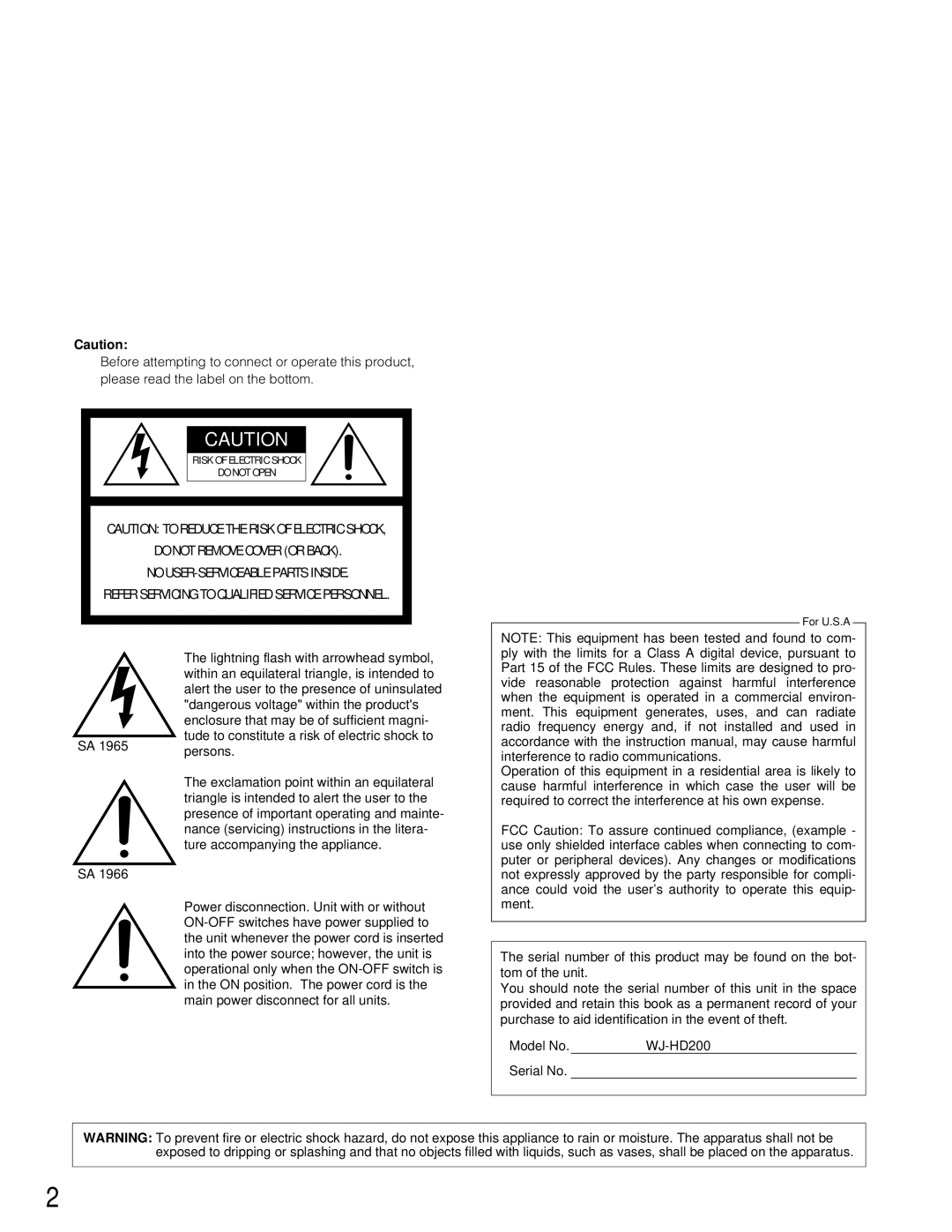 Panasonic WJ-HD200 manual Caution To Reduce The Risk Of Electric Shock 