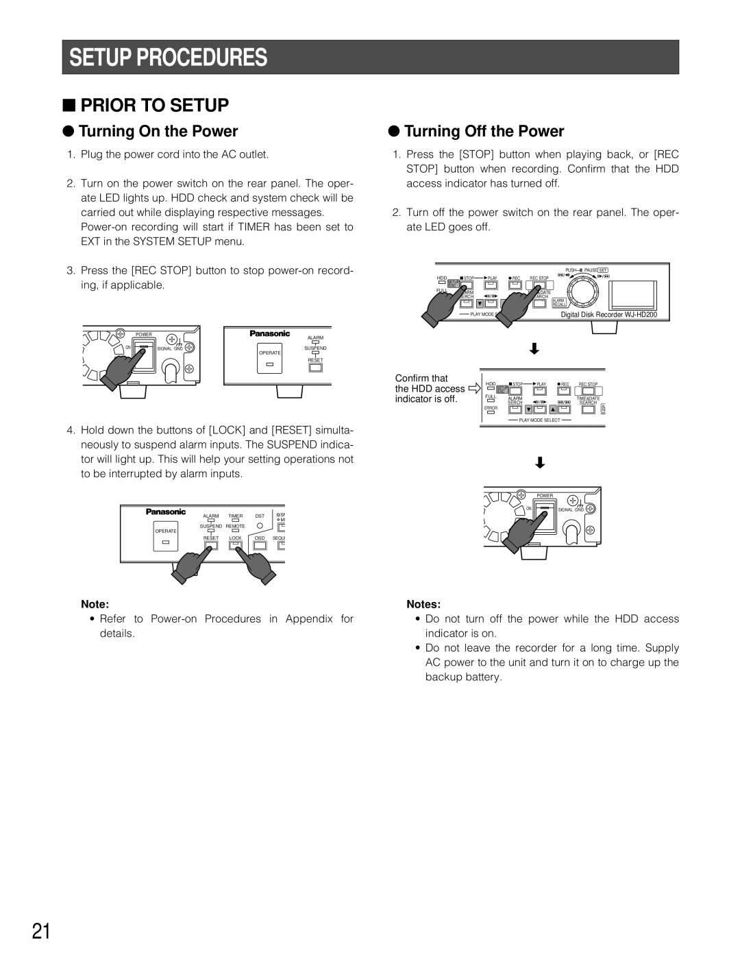 Panasonic WJ-HD200 manual Setup Procedures, Prior To Setup, Turning On the Power, Turning Off the Power 