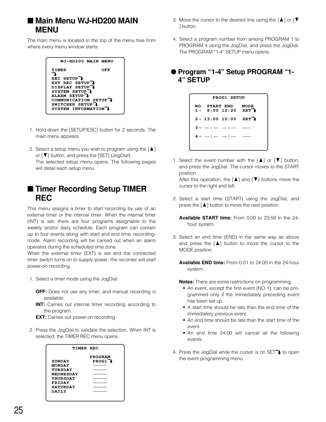Panasonic manual Main Menu WJ-HD200MAIN MENU, Timer Recording Setup TIMER REC, Program “1-4”Setup PROGRAM “1- 4” SETUP 