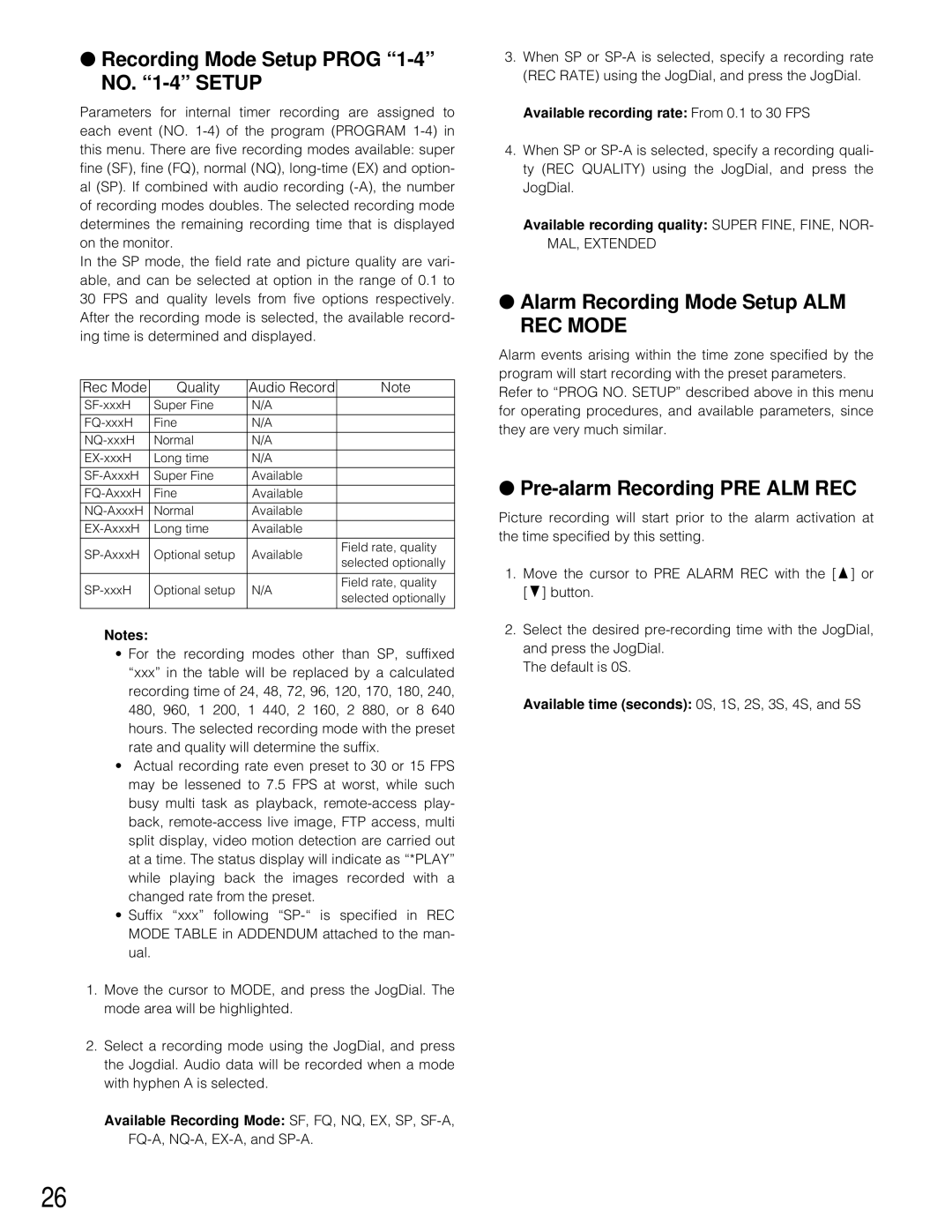 Panasonic WJ-HD200 manual Recording Mode Setup PROG “1-4”NO. “1-4”SETUP, Alarm Recording Mode Setup ALM REC MODE 