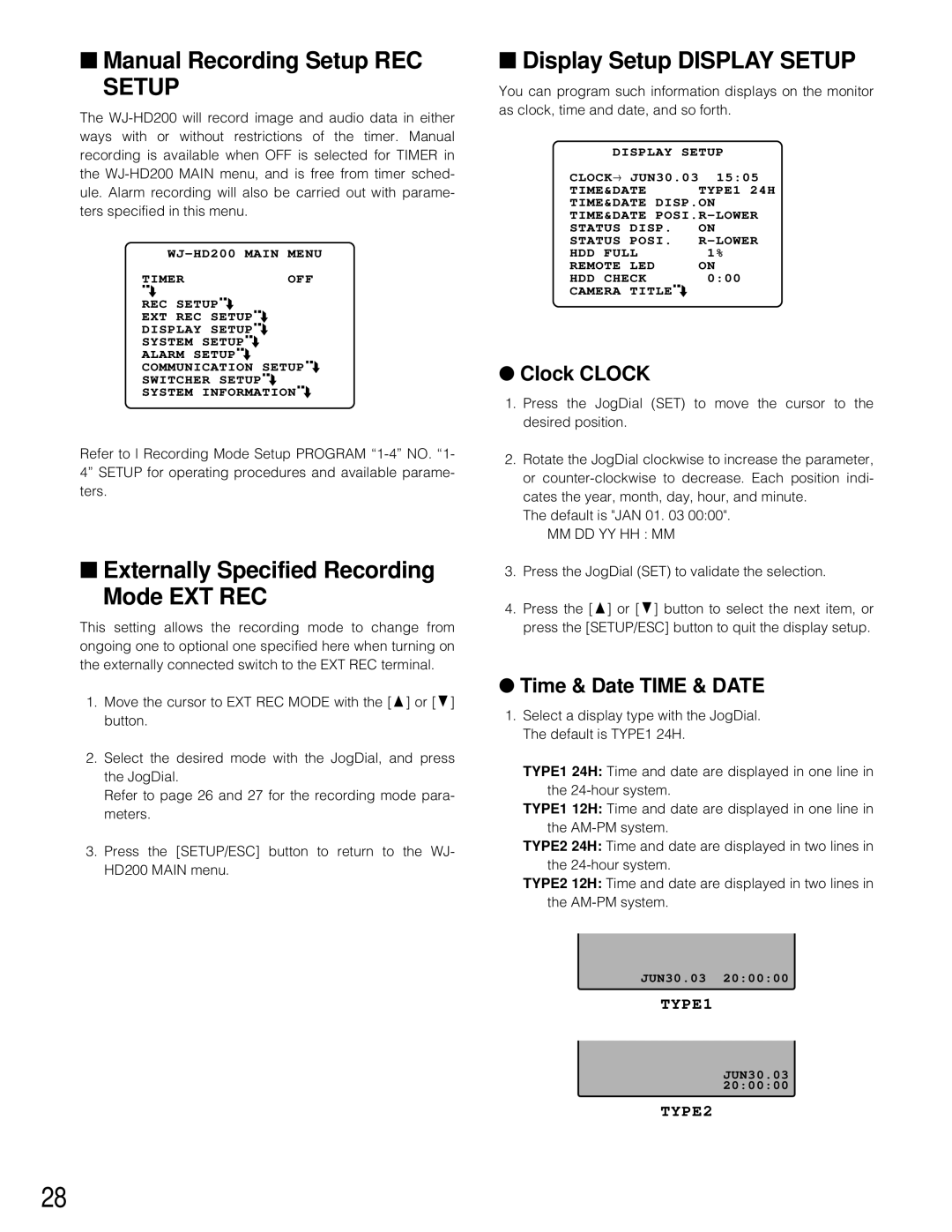 Panasonic WJ-HD200 manual Manual Recording Setup REC SETUP, Externally Specified Recording Mode EXT REC, Clock CLOCK, TYPE1 