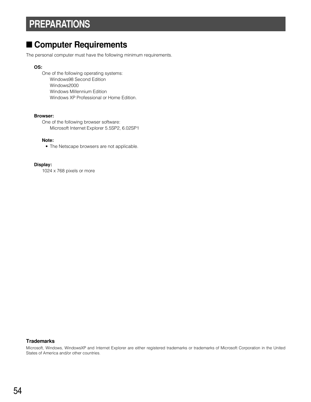 Panasonic WJ-HD200 manual Preparations, Computer Requirements, Trademarks 