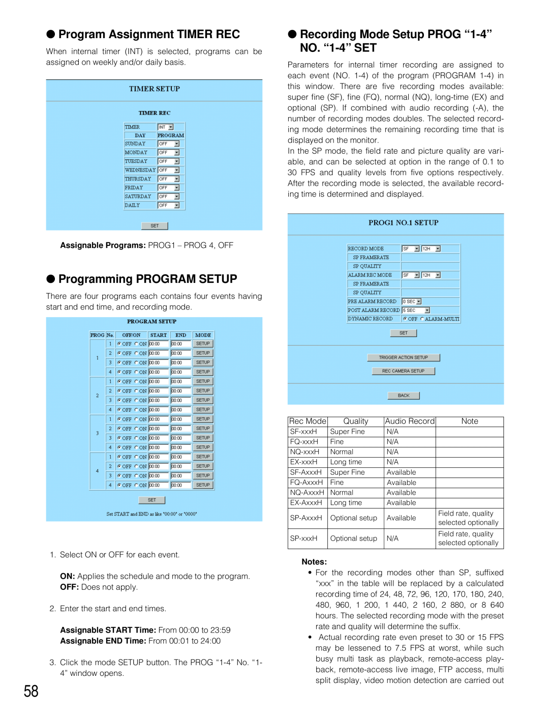 Panasonic WJ-HD200 Program Assignment TIMER REC, Programming PROGRAM SETUP, Recording Mode Setup PROG “1-4”NO. “1-4”SET 