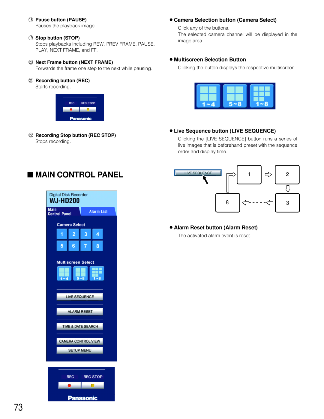 Panasonic WJ-HD200 manual Main Control Panel, 8Camera Selection button Camera Select, 8Multiscreen Selection Button 