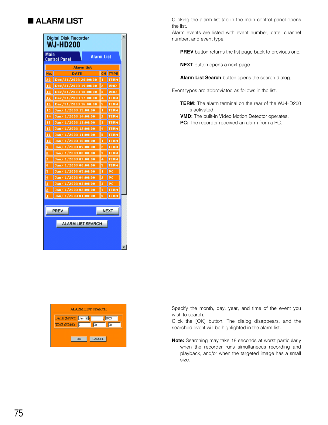 Panasonic WJ-HD200 manual Alarm List 