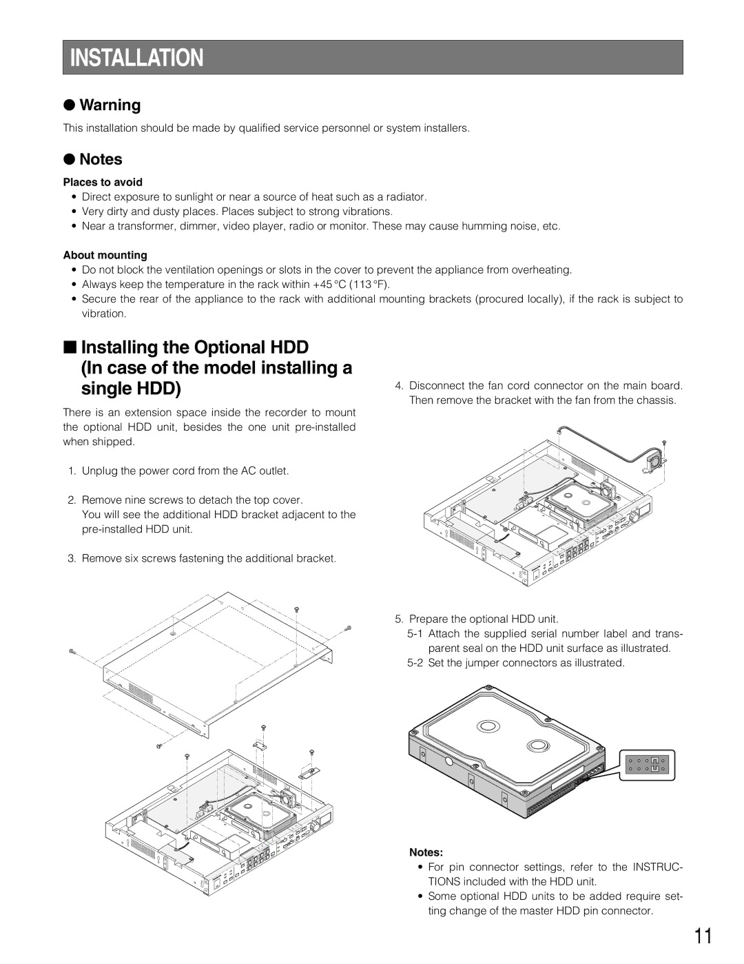 Panasonic WJ-HD220 manual Installation, Places to avoid, About mounting 