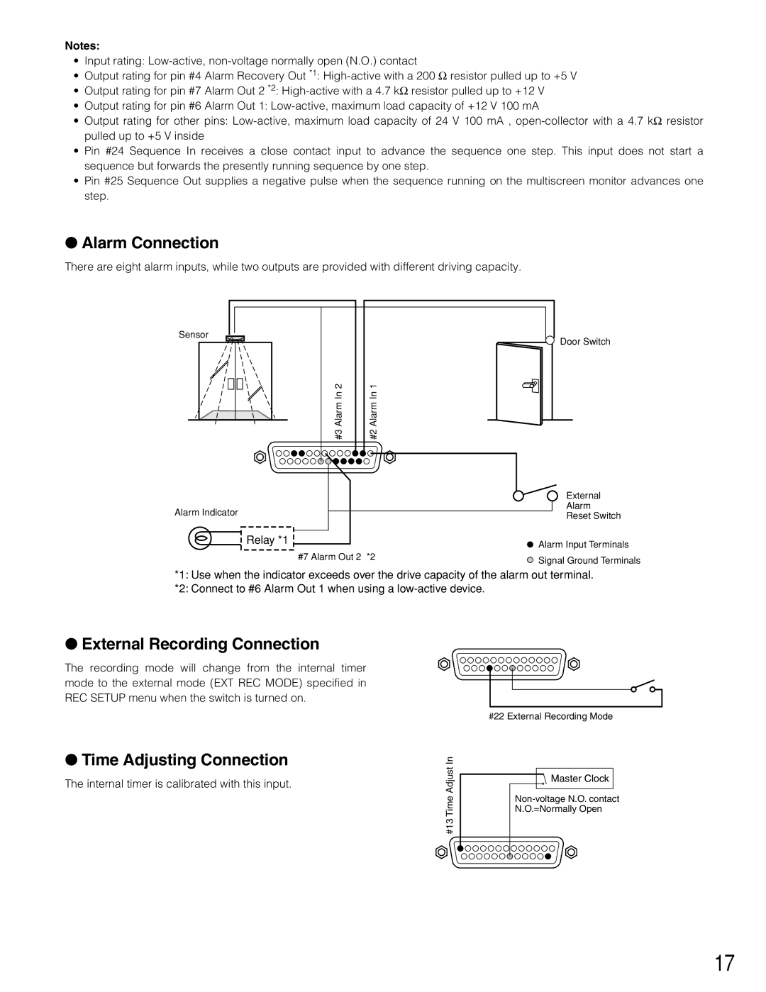 Panasonic WJ-HD220 manual Alarm Connection, External Recording Connection, Time Adjusting Connection 