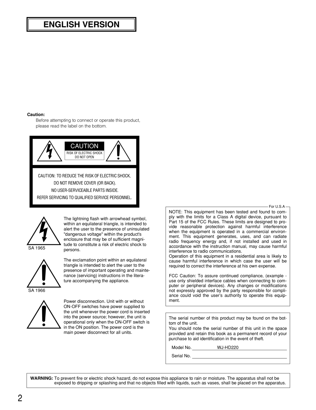 Panasonic WJ-HD220 manual English Version 