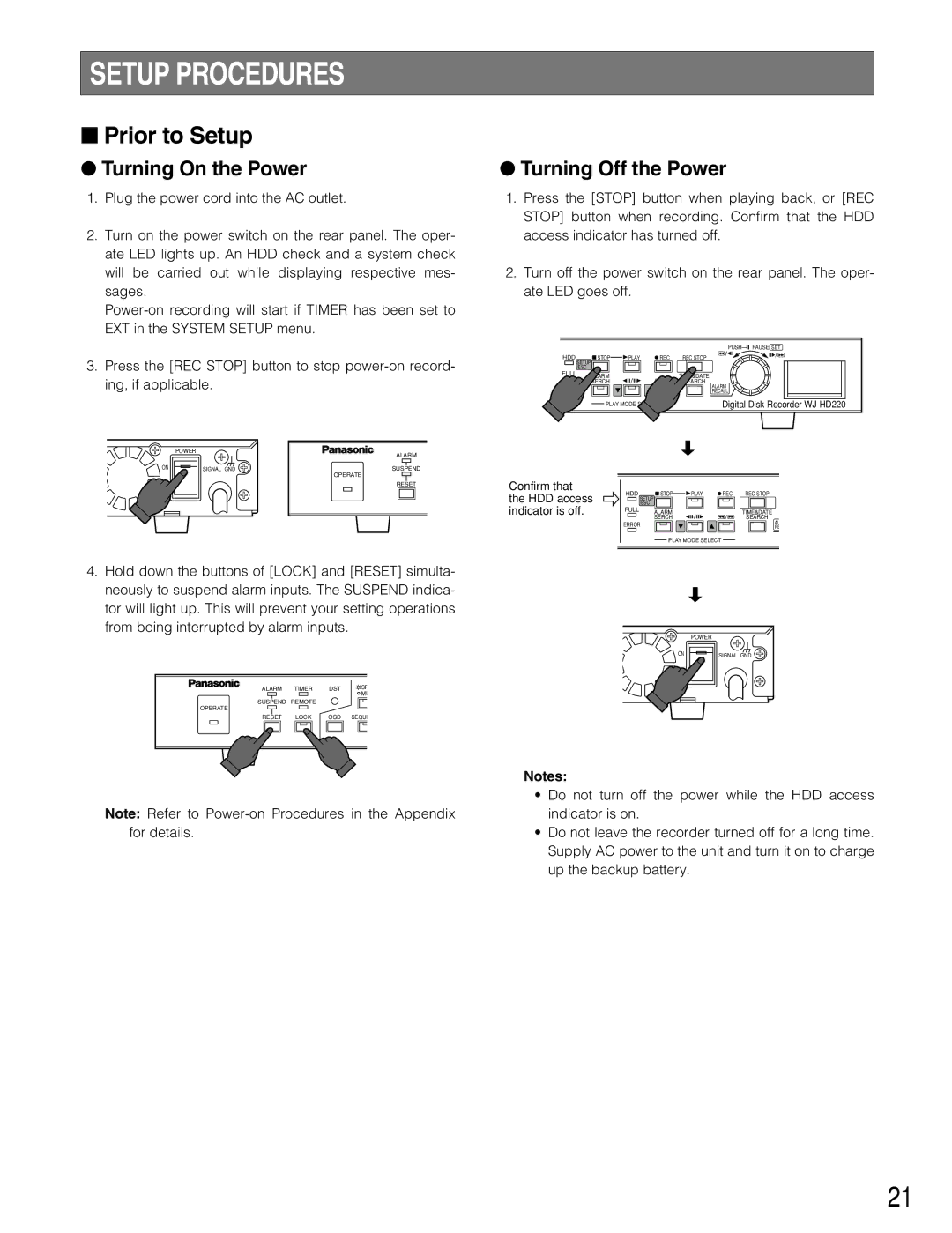 Panasonic WJ-HD220 manual Setup Procedures, Prior to Setup, Turning On the Power, Turning Off the Power 