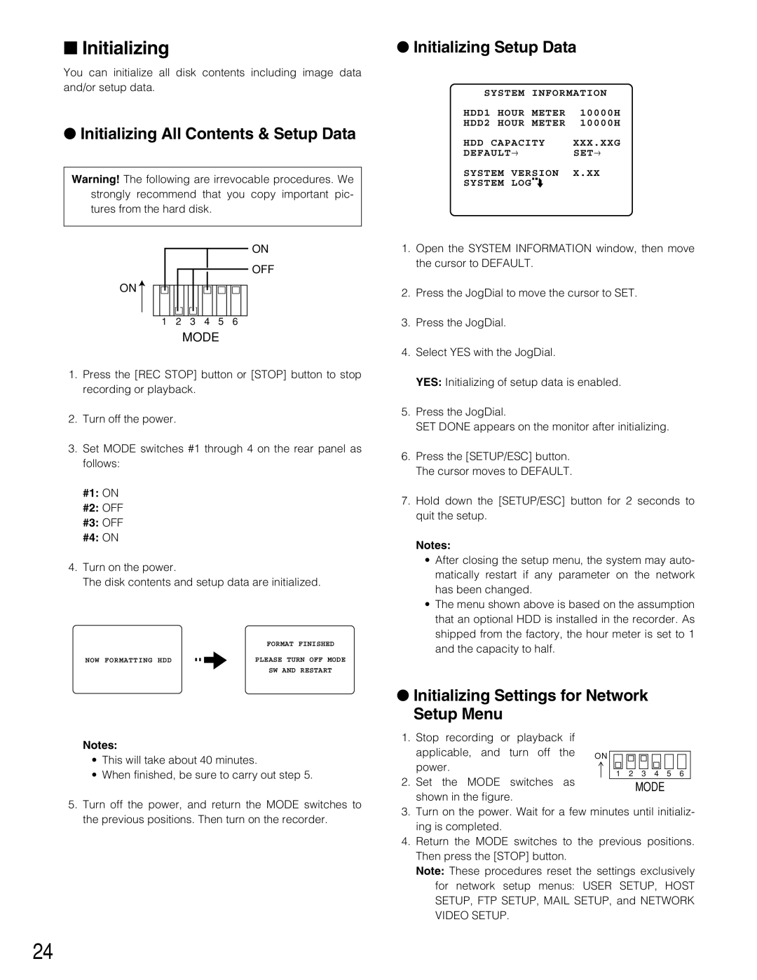 Panasonic WJ-HD220 manual Initializing All Contents & Setup Data, Initializing Setup Data 