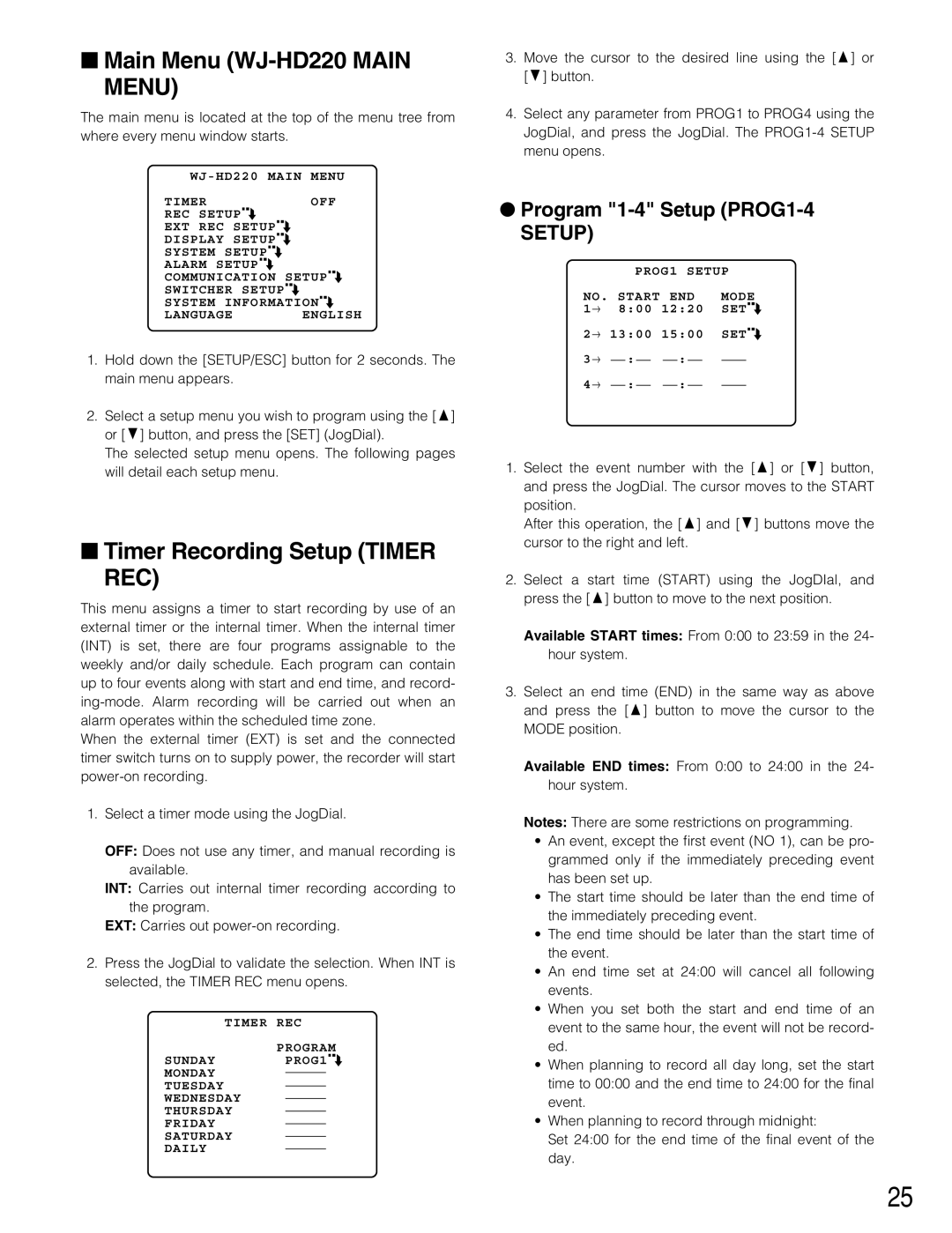 Panasonic manual Main Menu WJ-HD220 Main Menu, Timer Recording Setup Timer REC, Program 1-4 Setup PROG1-4 