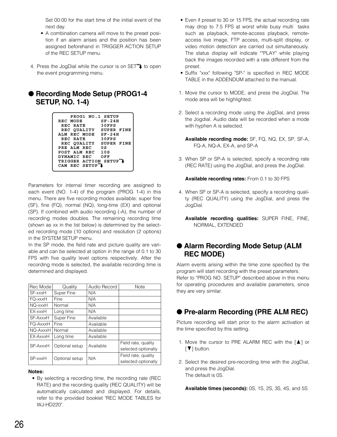 Panasonic WJ-HD220 Recording Mode Setup PROG1-4 SETUP, no, Alarm Recording Mode Setup ALM, Pre-alarm Recording PRE ALM REC 