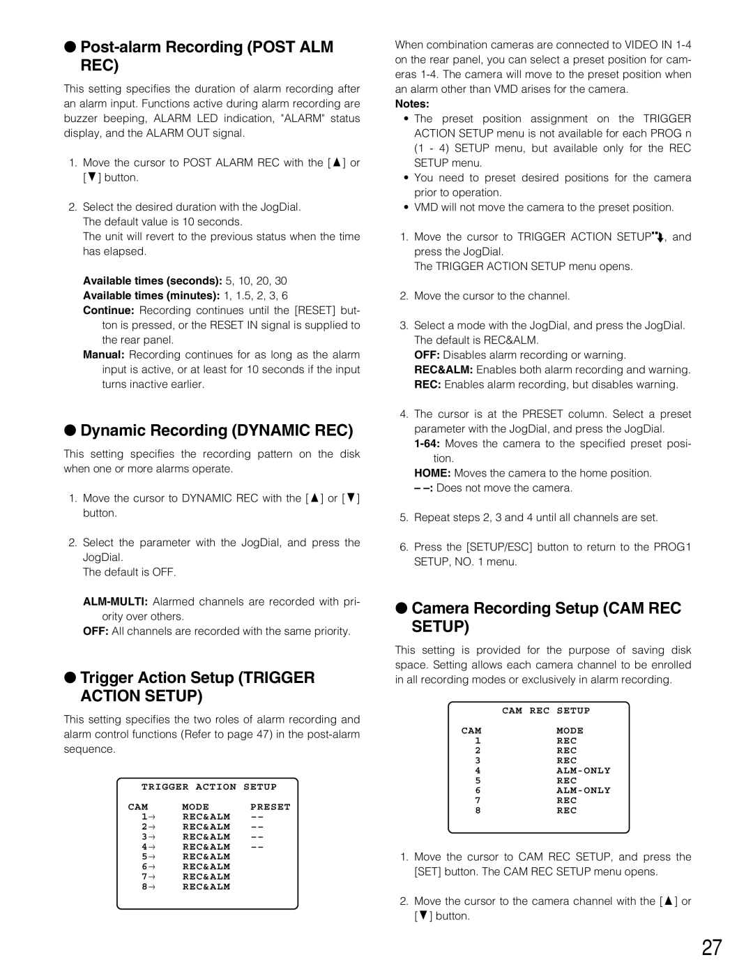 Panasonic WJ-HD220 Post-alarm Recording Post ALM REC, Dynamic Recording Dynamic REC, Camera Recording Setup CAM REC Setup 