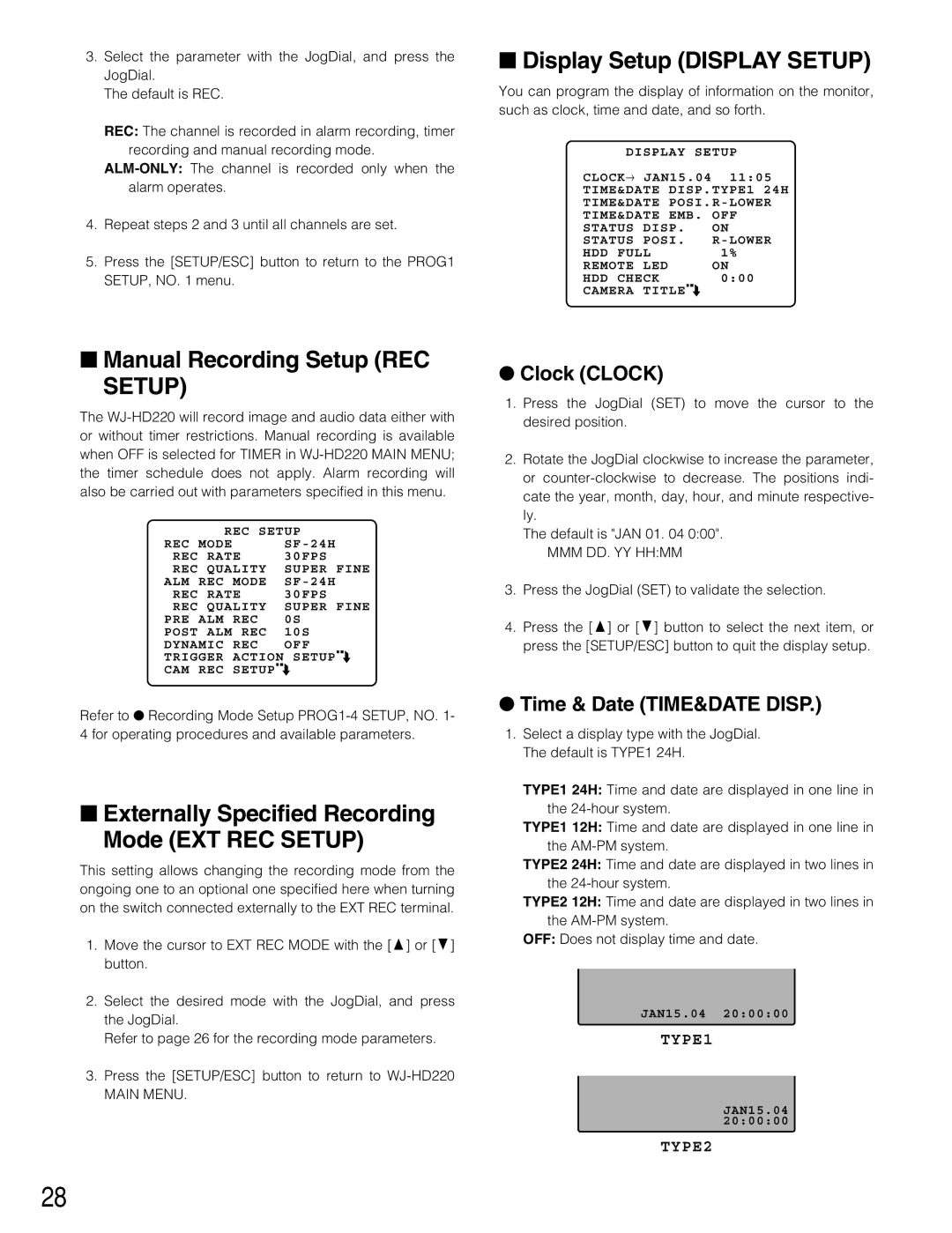 Panasonic WJ-HD220 manual Manual Recording Setup REC, Externally Specified Recording Mode EXT REC Setup, Clock Clock 