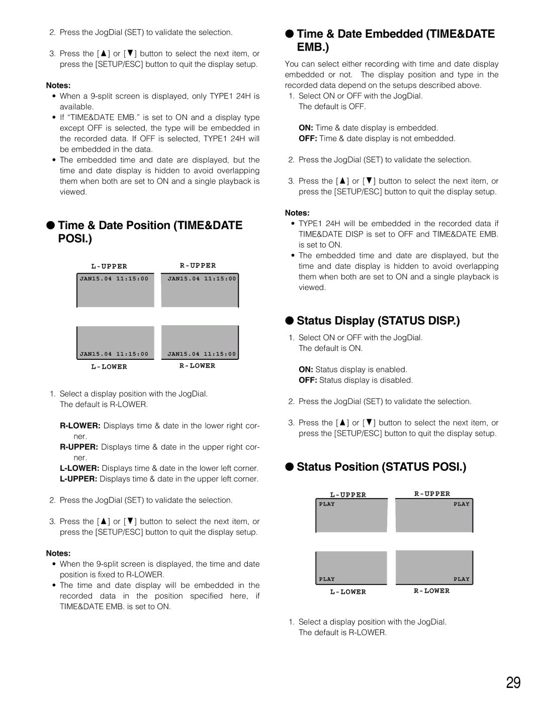 Panasonic WJ-HD220 Time & Date Position TIME&DATE Posi, Time & Date Embedded TIME&DATE EMB, Status Display Status Disp 