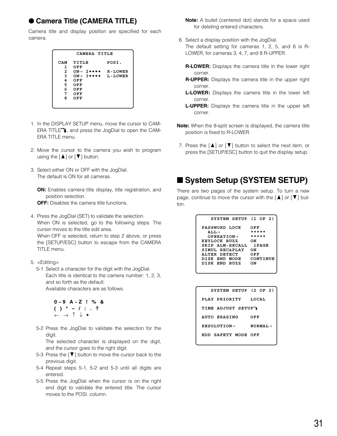 Panasonic WJ-HD220 manual System Setup System Setup, Camera Title Camera Title, ~ 9 a ~ Z ! % ? ← → ↑ ↓ 