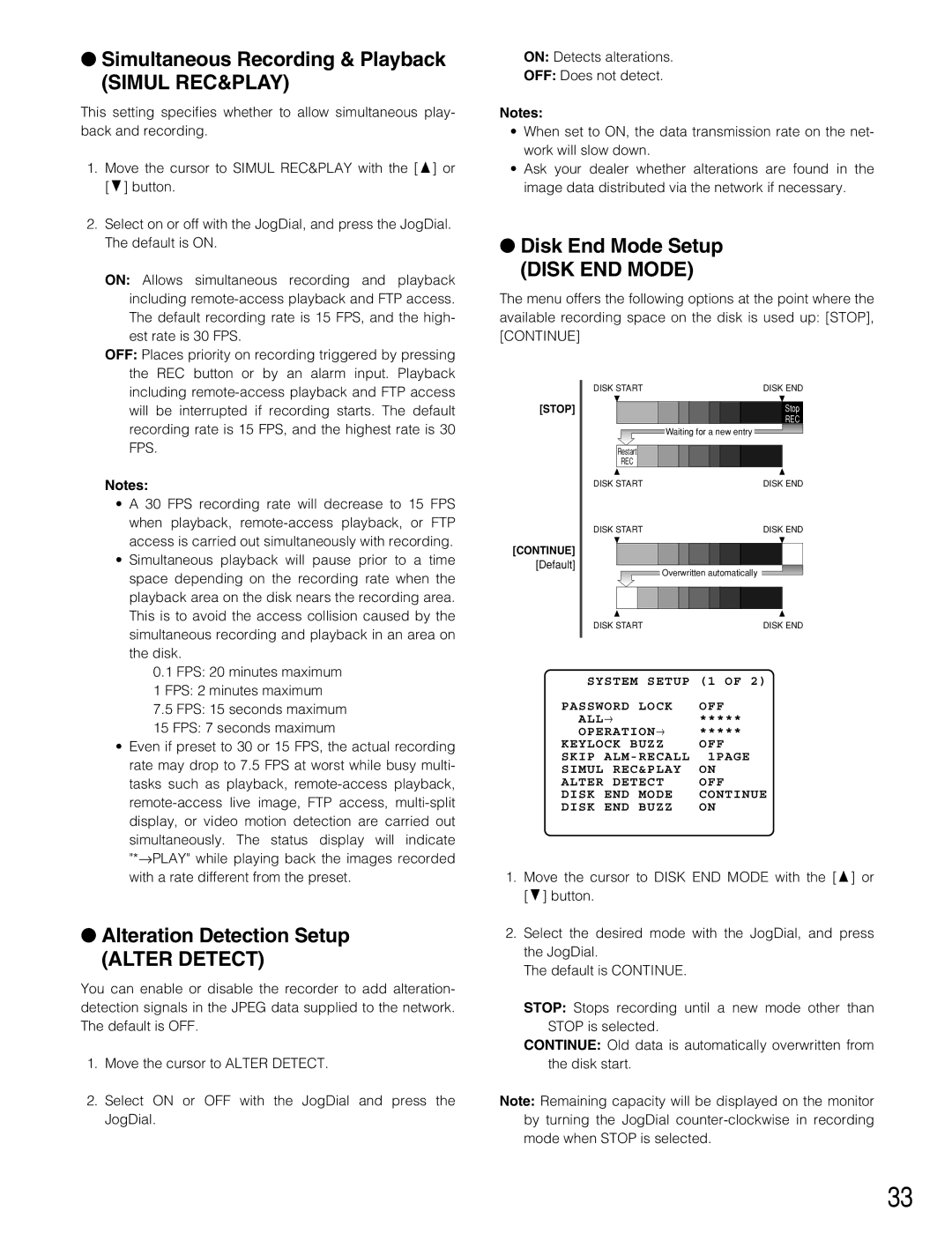 Panasonic WJ-HD220 manual Simultaneous Recording & Playback Simul REC&PLAY, Disk End Mode Setup, Alteration Detection Setup 