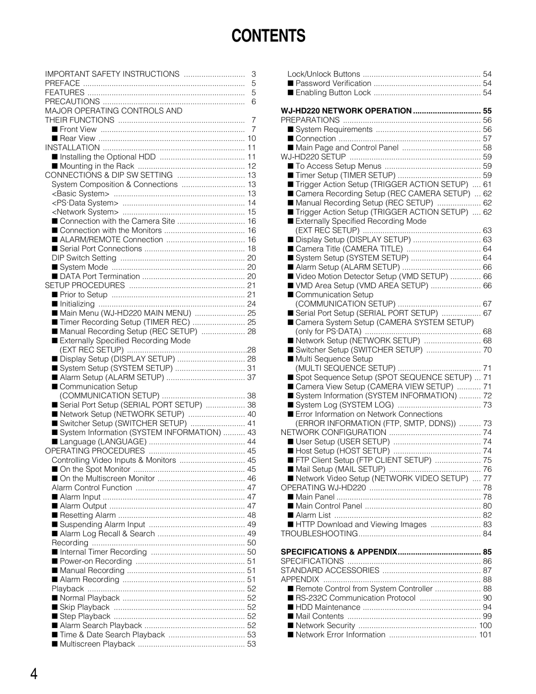 Panasonic WJ-HD220 manual Contents 