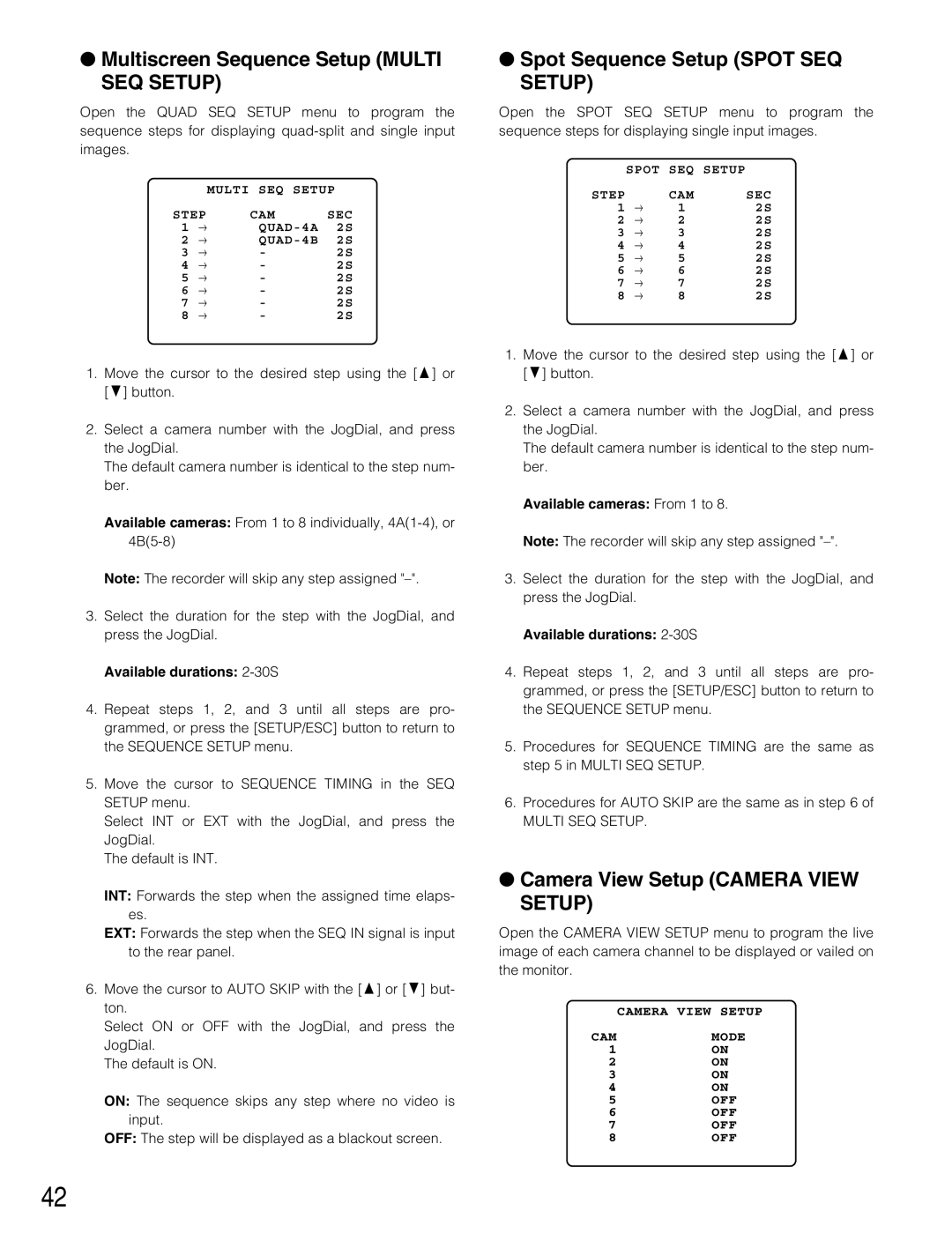 Panasonic WJ-HD220 manual Multiscreen Sequence Setup Multi SEQ Setup, Spot Sequence Setup Spot SEQ Setup 